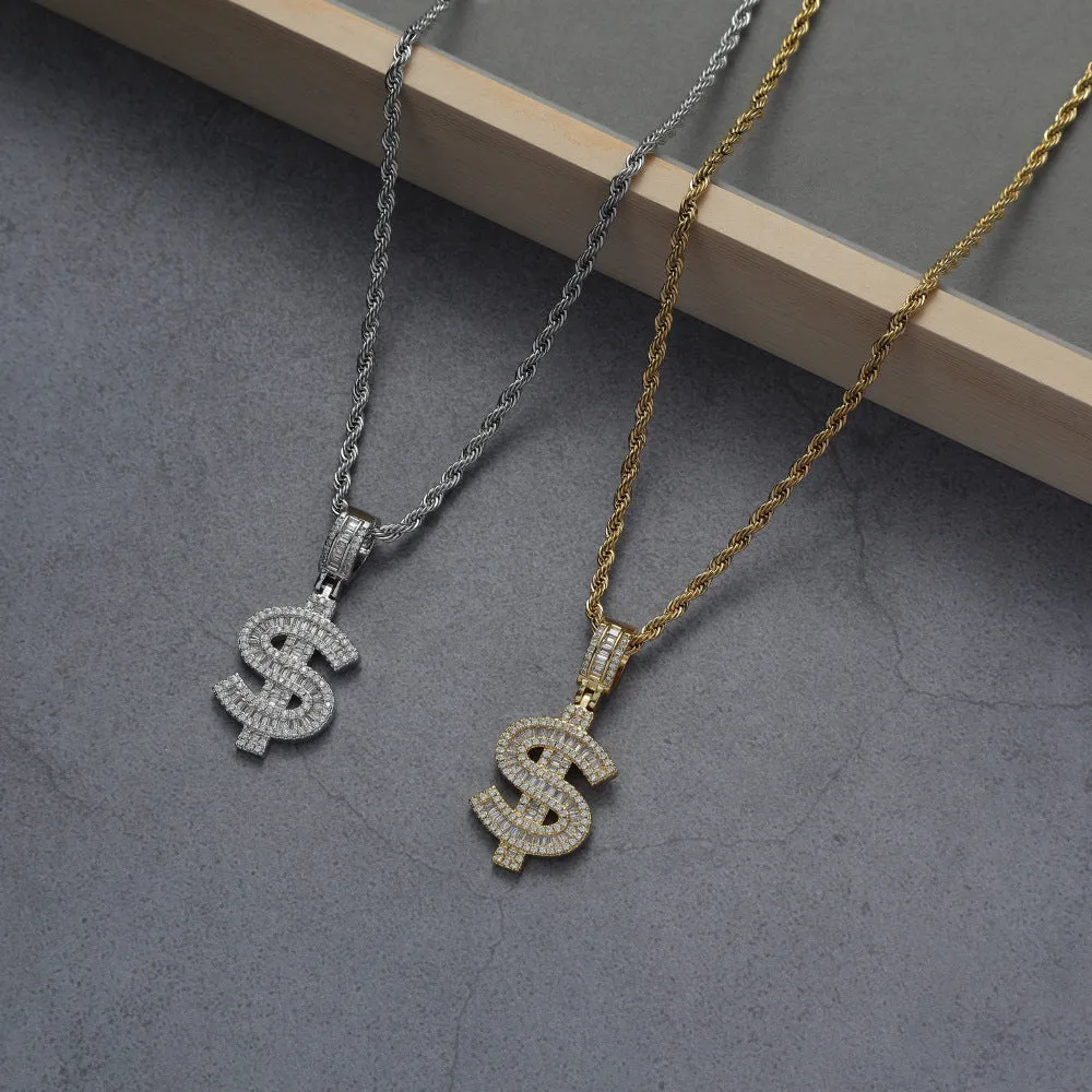 Iced Out Dollar Sign Pendant - Silver