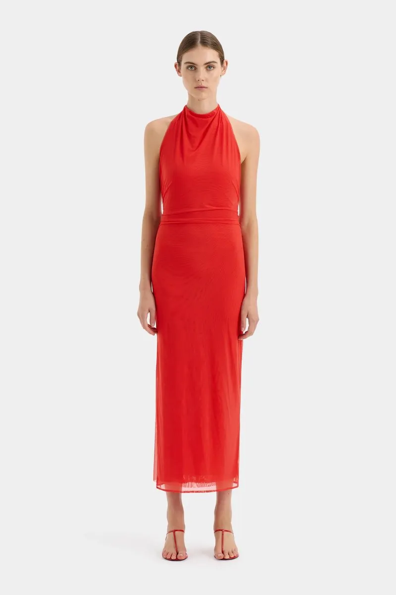 JACQUES MESH HALTER MIDI DRESS-POMELO