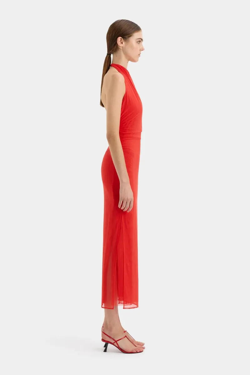 JACQUES MESH HALTER MIDI DRESS-POMELO