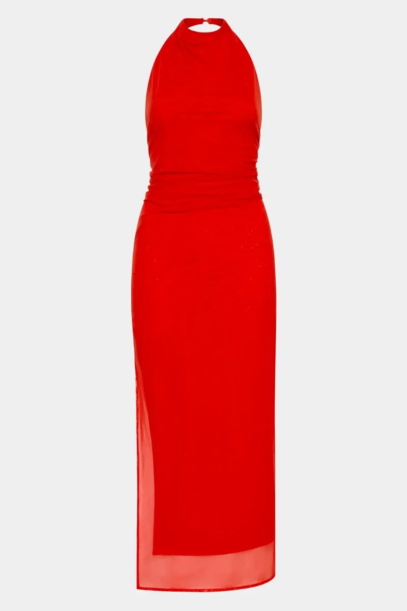 JACQUES MESH HALTER MIDI DRESS-POMELO