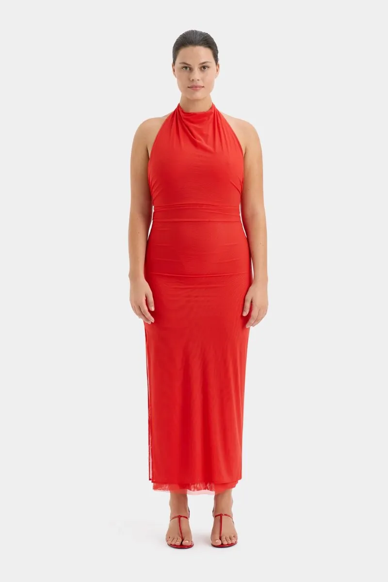 JACQUES MESH HALTER MIDI DRESS-POMELO