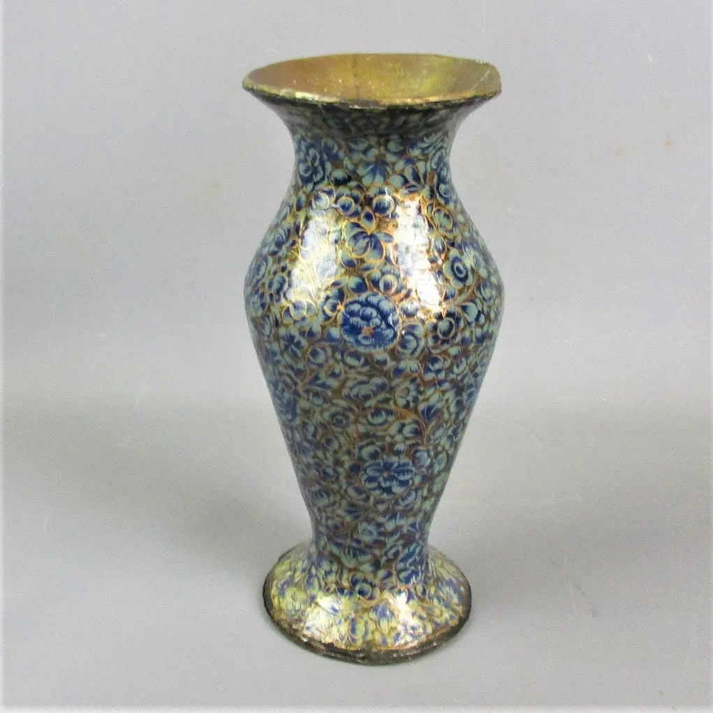 Kashmiri Blue Papier Mache Floral Vase Antique Art Deco c1930