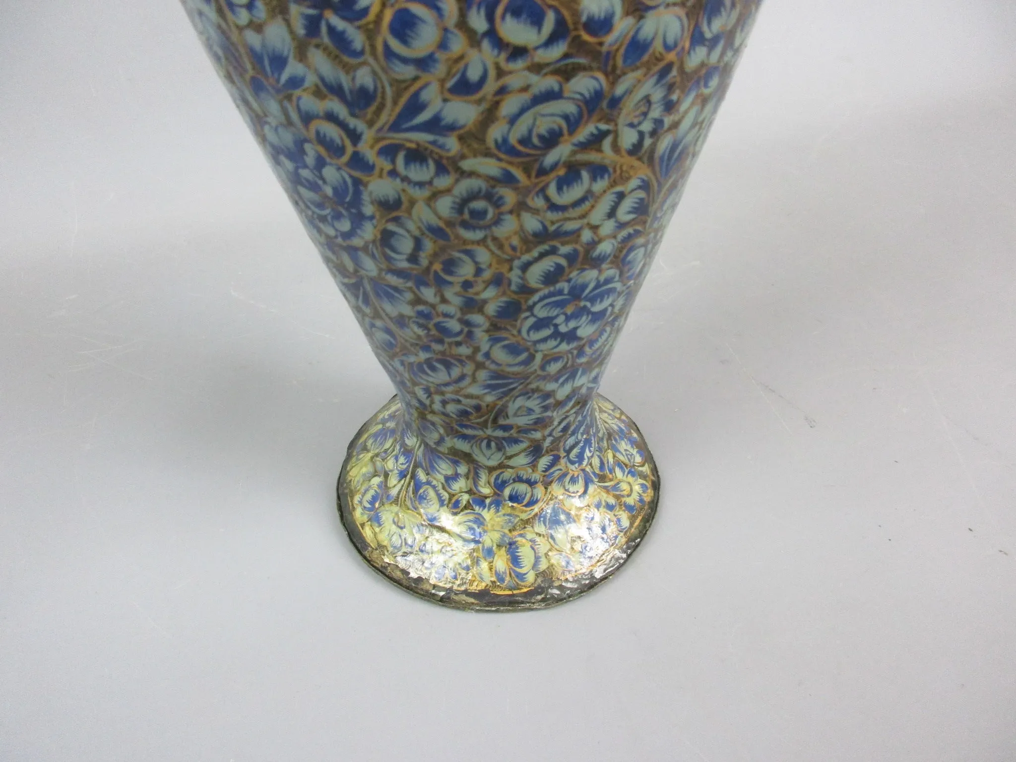 Kashmiri Blue Papier Mache Floral Vase Antique Art Deco c1930