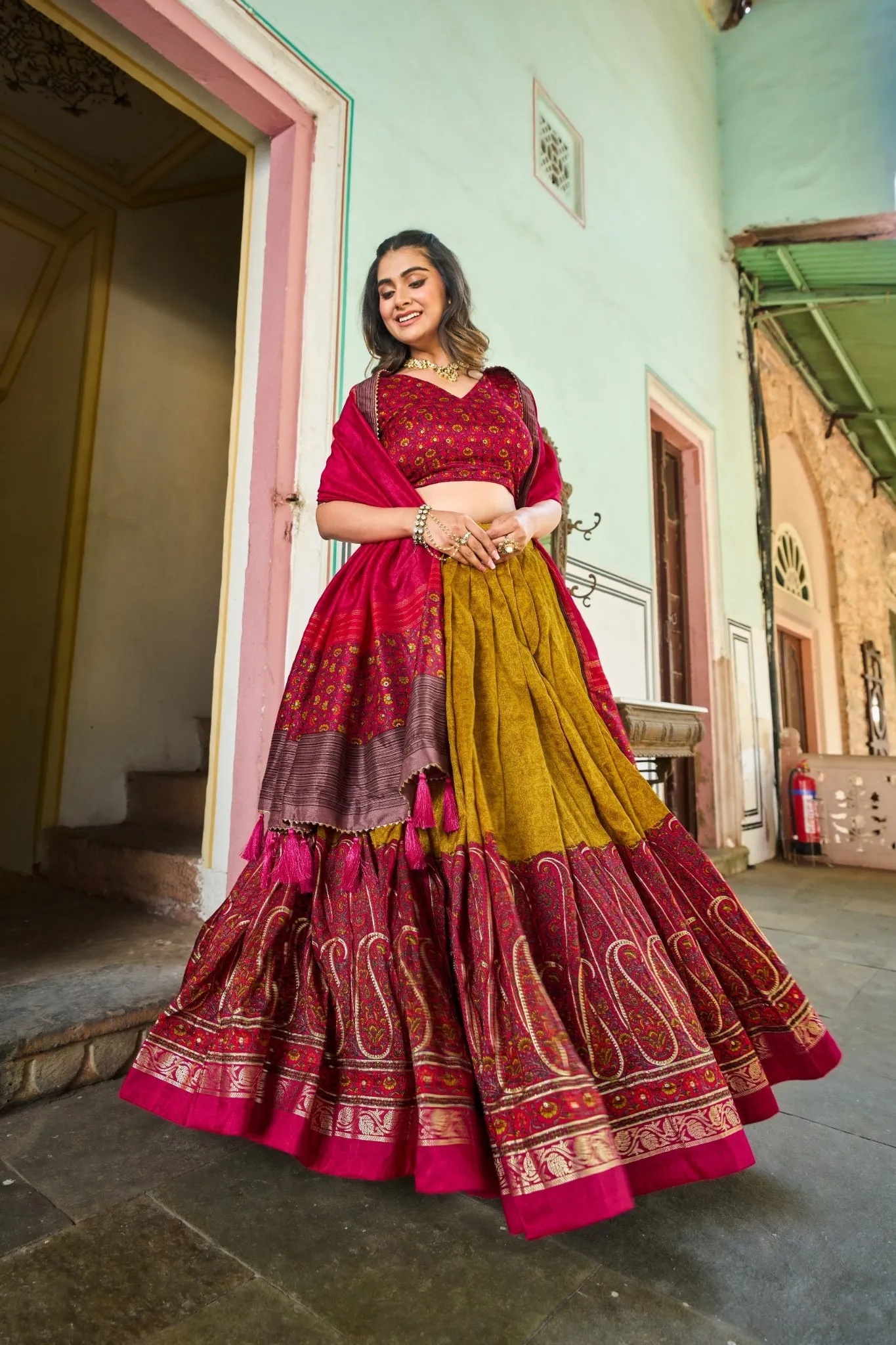 Kashmiri Printed Silk Lehenga Choli