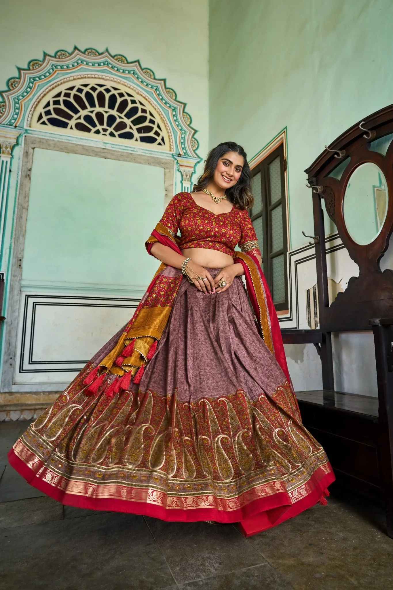 Kashmiri Printed Silk Lehenga Choli