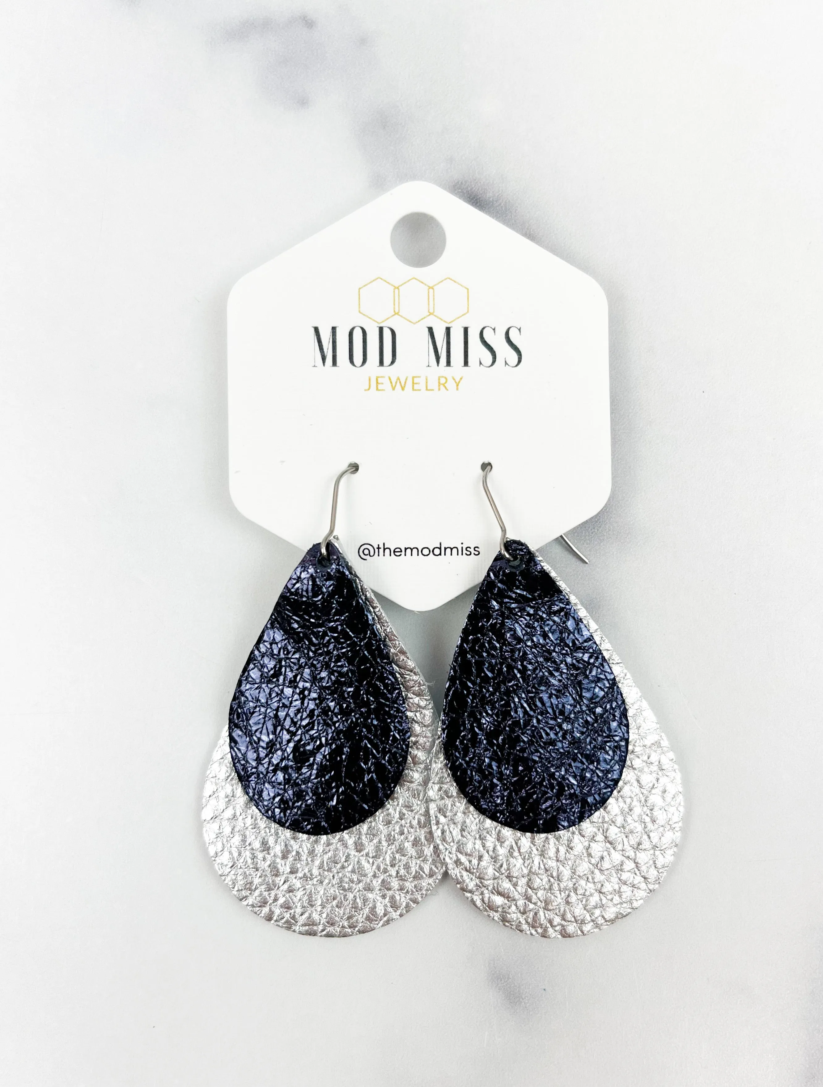 Leather Stacked Teardrop Earring Metallic Navy   Metallic Silver