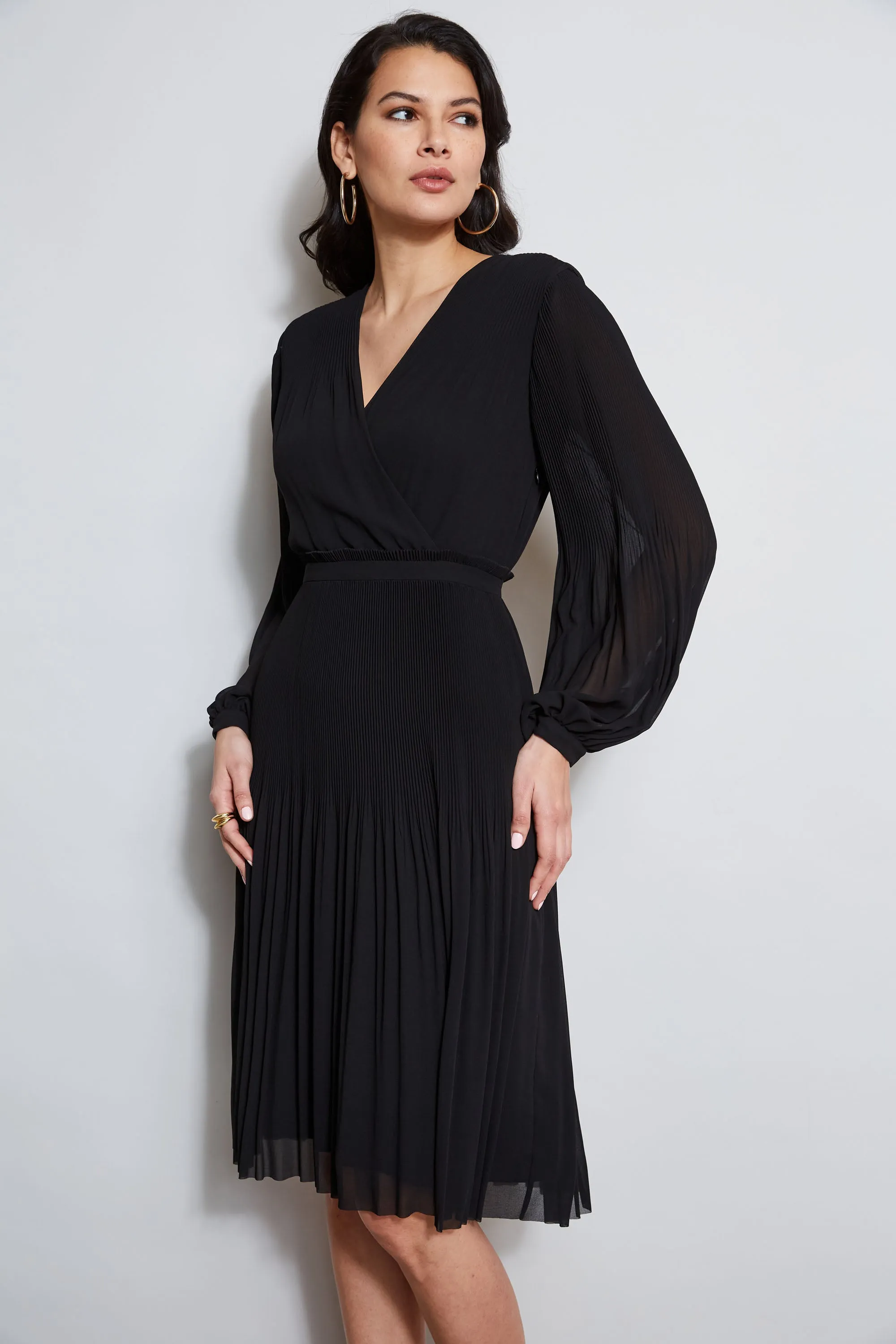 Mock Wrap Pleated Dress