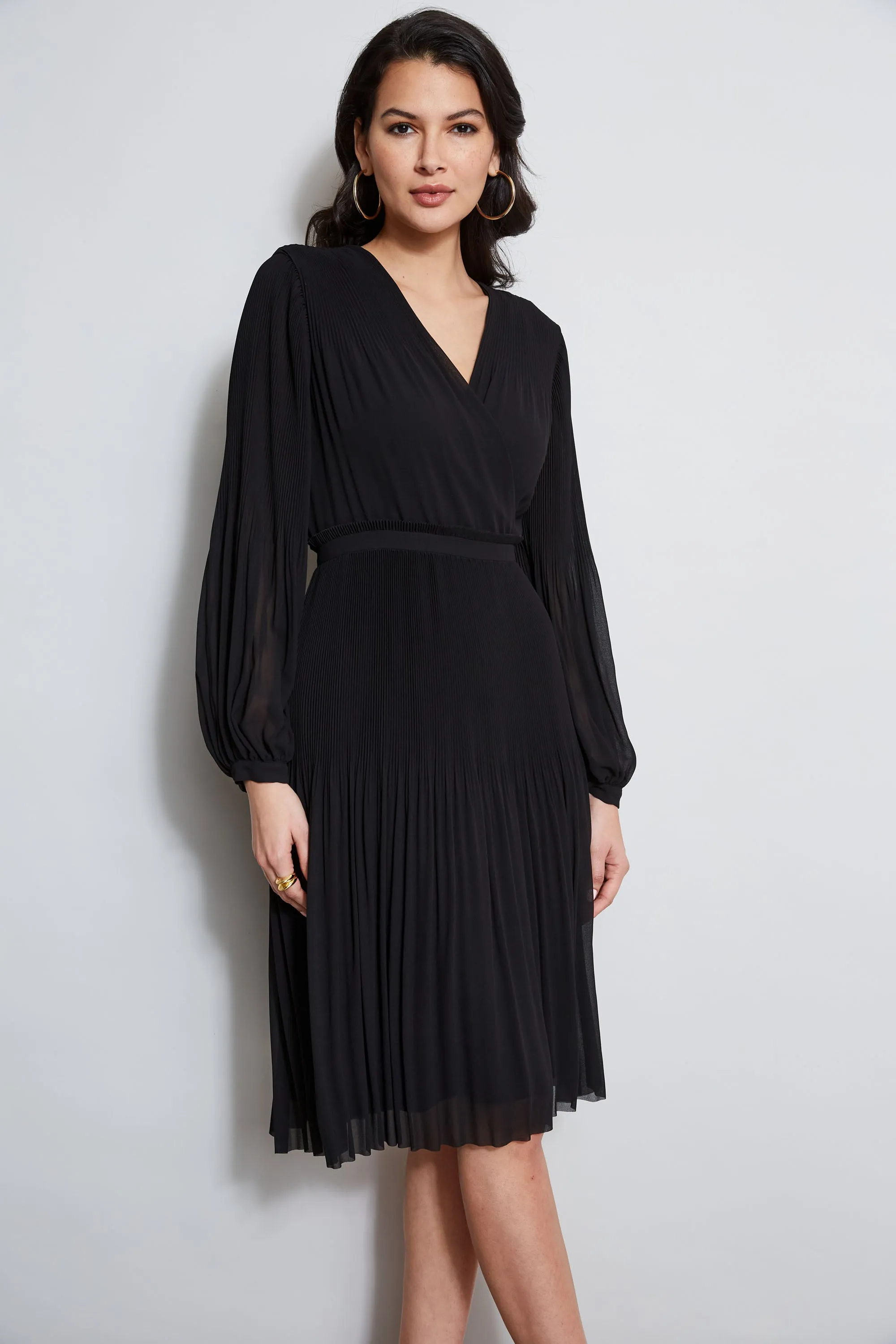 Mock Wrap Pleated Dress