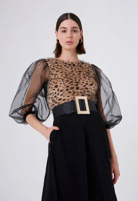 Organza Sleeve Leopard Print Blouse