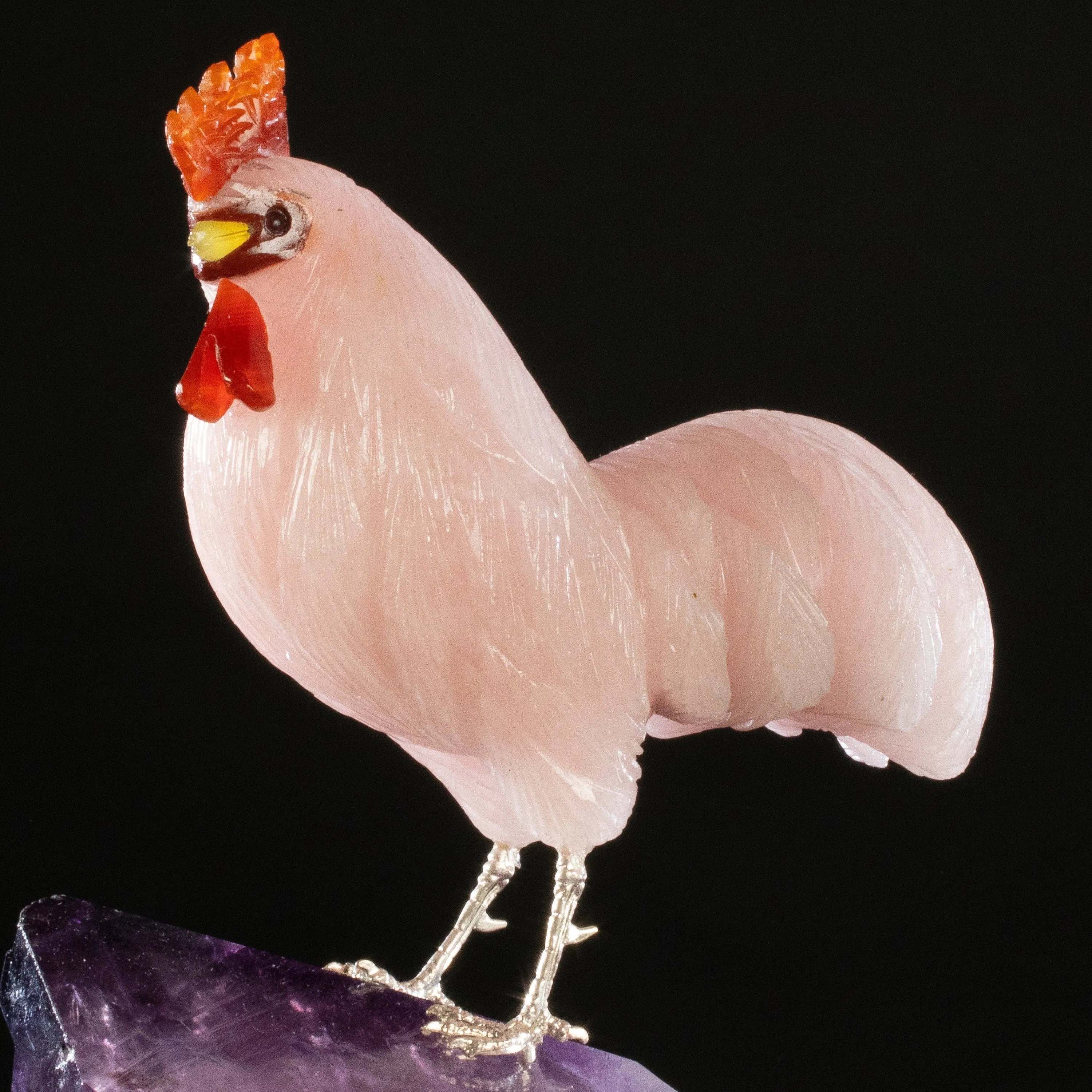 Peter Muller Rose Quartz Rooster Love Bird Carving on Amethyst Point Base