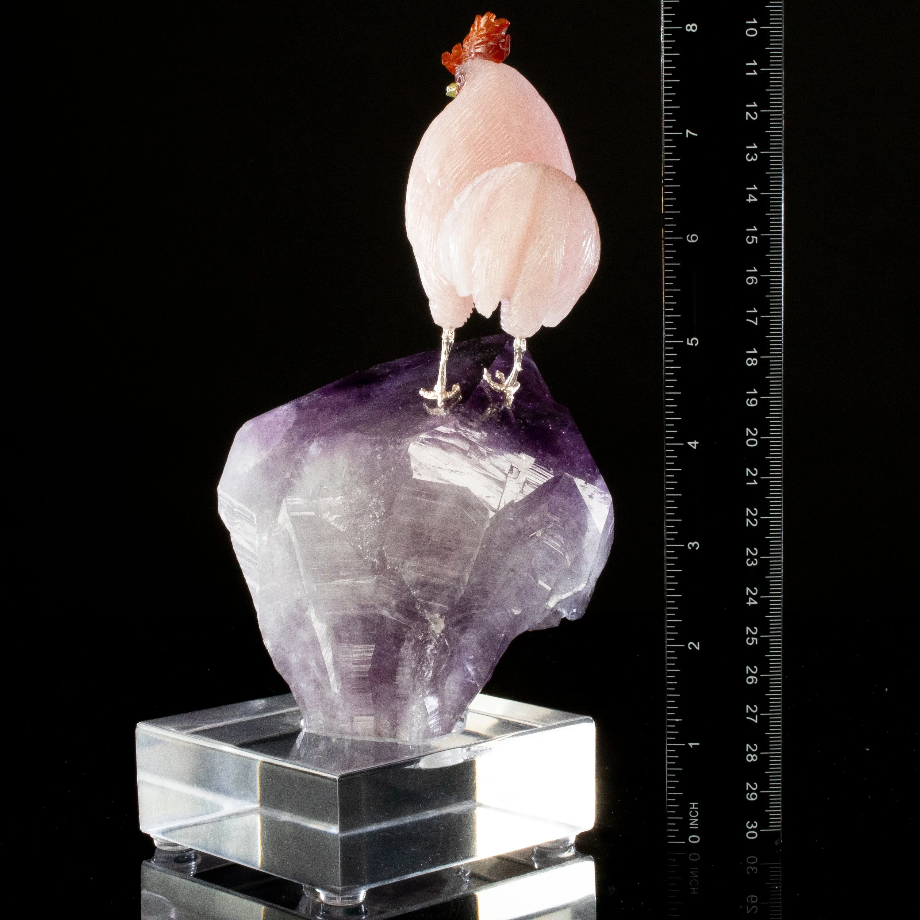 Peter Muller Rose Quartz Rooster Love Bird Carving on Amethyst Point Base