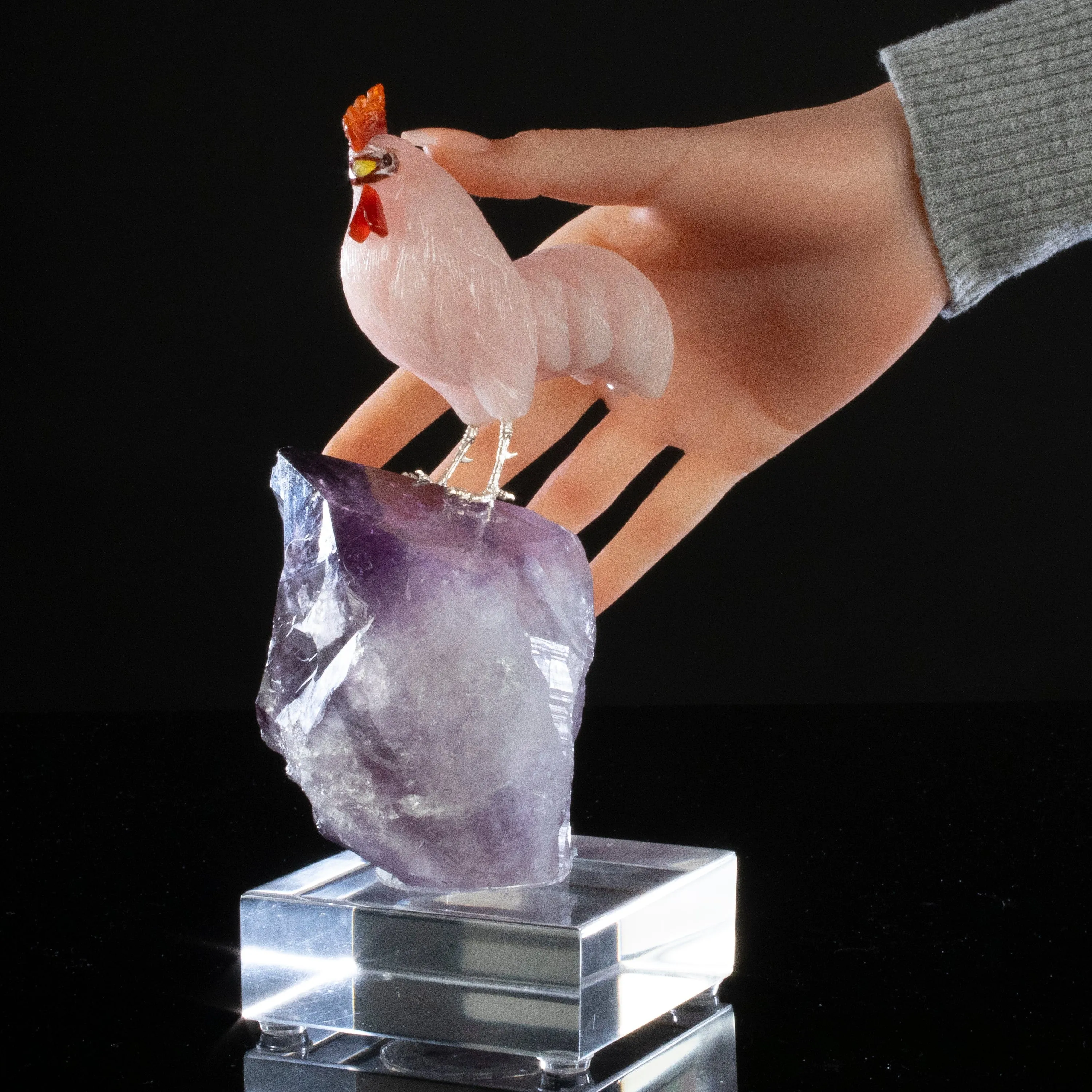 Peter Muller Rose Quartz Rooster Love Bird Carving on Amethyst Point Base