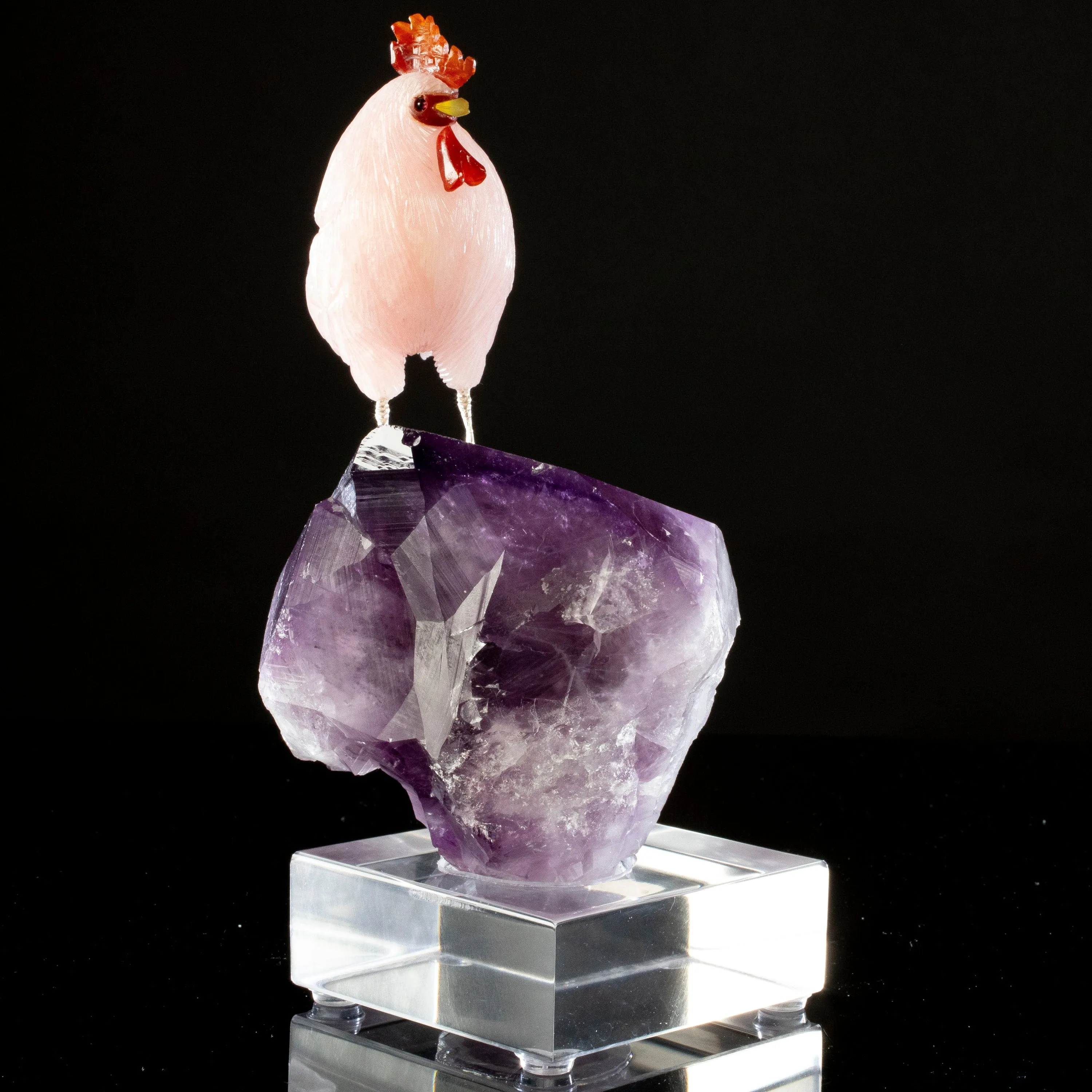 Peter Muller Rose Quartz Rooster Love Bird Carving on Amethyst Point Base