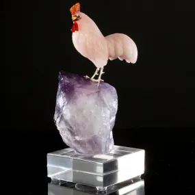 Peter Muller Rose Quartz Rooster Love Bird Carving on Amethyst Point Base