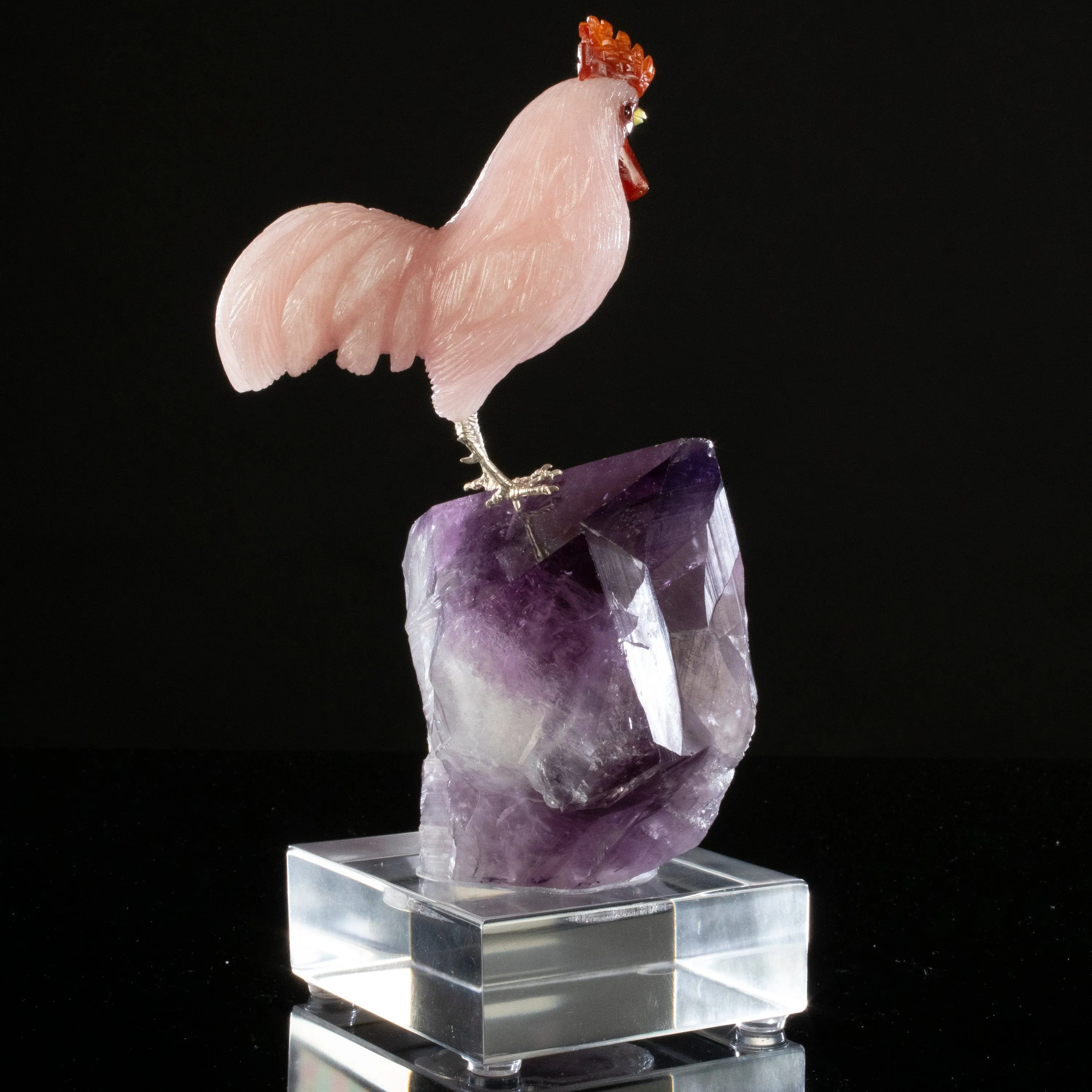 Peter Muller Rose Quartz Rooster Love Bird Carving on Amethyst Point Base