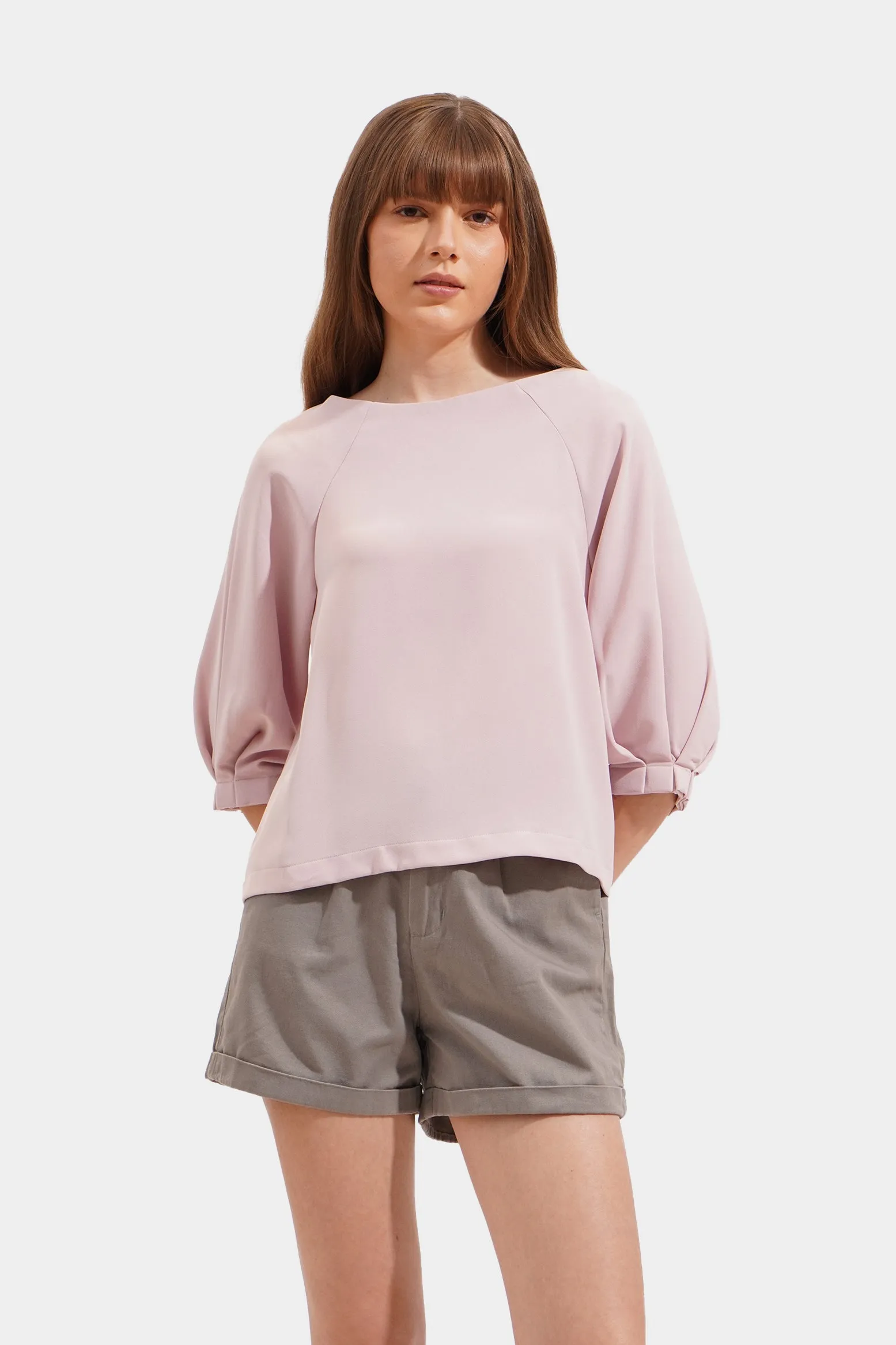 Pleated Sleeve Round Neck Top