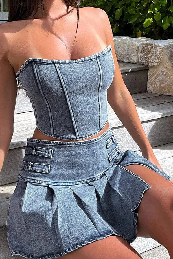 Pleated Women's Denim Skirt Set