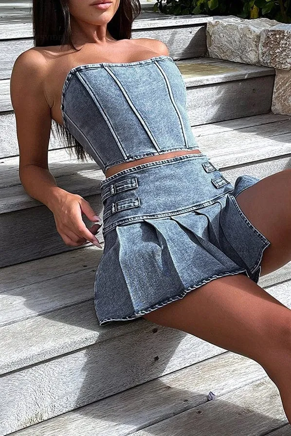 Pleated Women's Denim Skirt Set