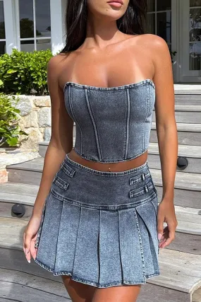 Pleated Women's Denim Skirt Set