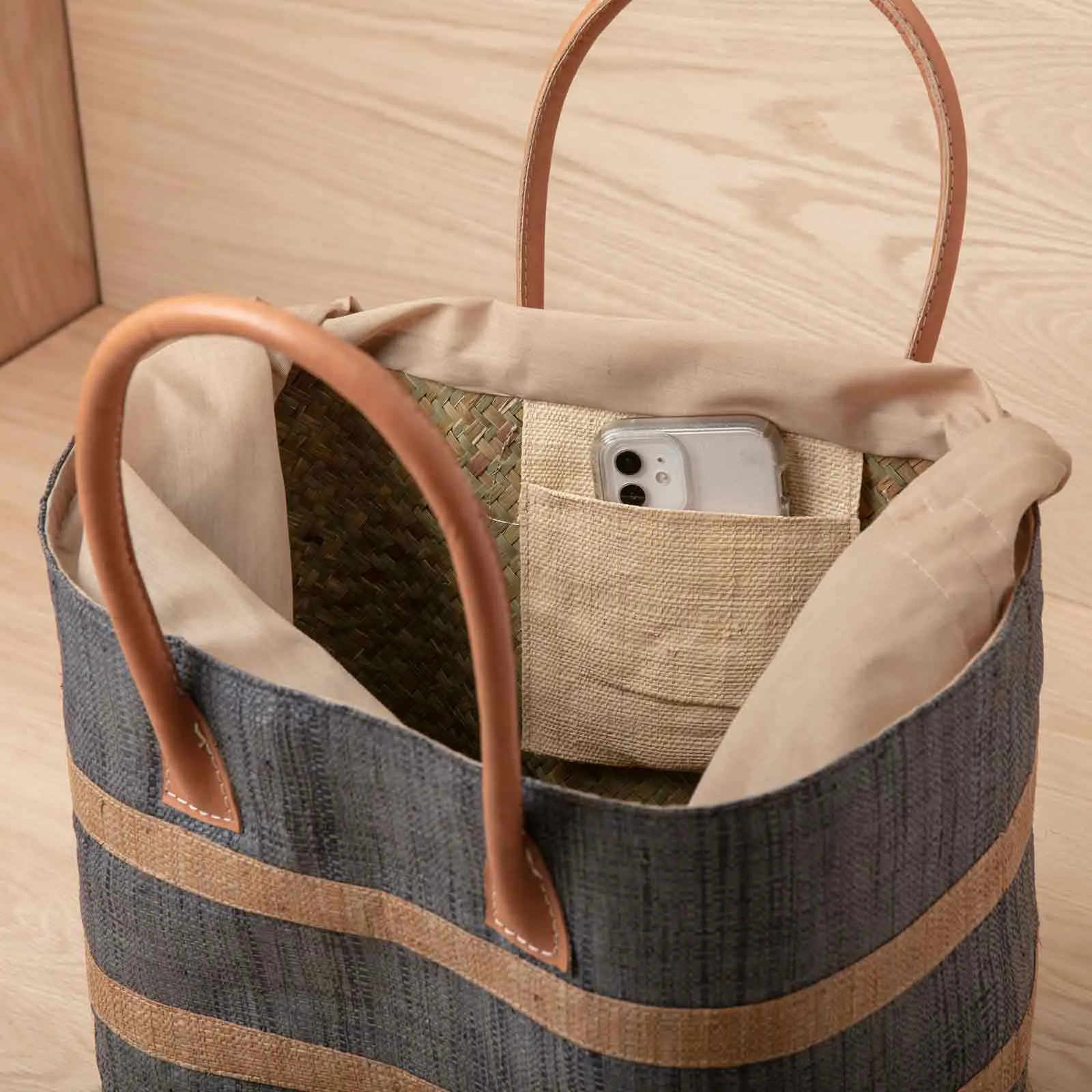 Raffia Grey Beach Tote Stripe with Leather Handle