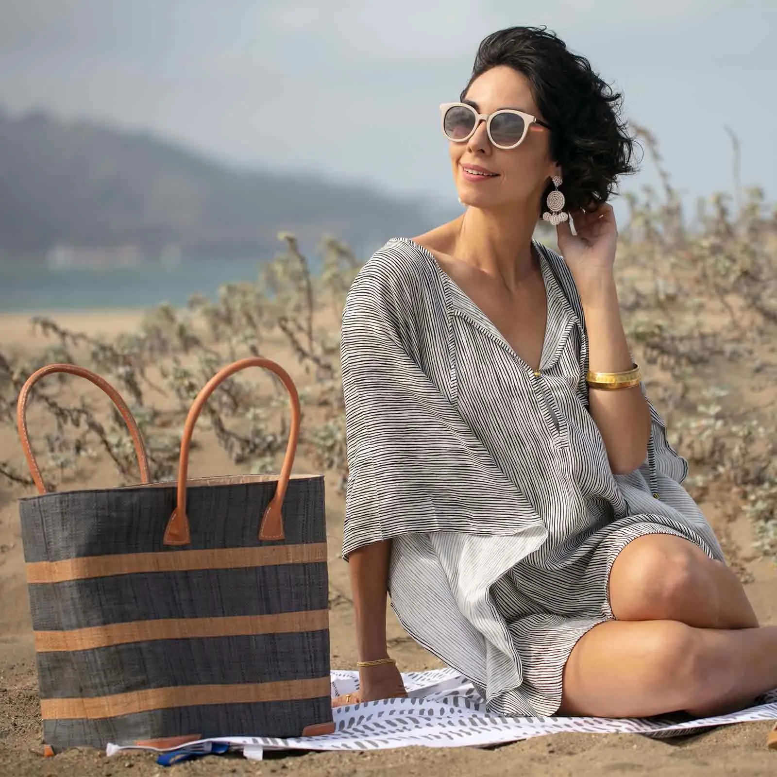 Raffia Grey Beach Tote Stripe with Leather Handle