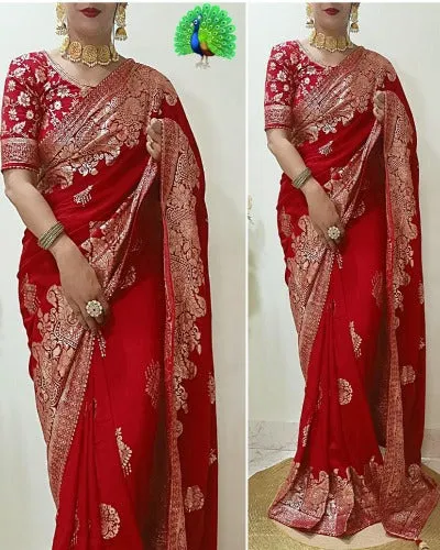 Red Soft Dola Silk Beautifully Woven Saree