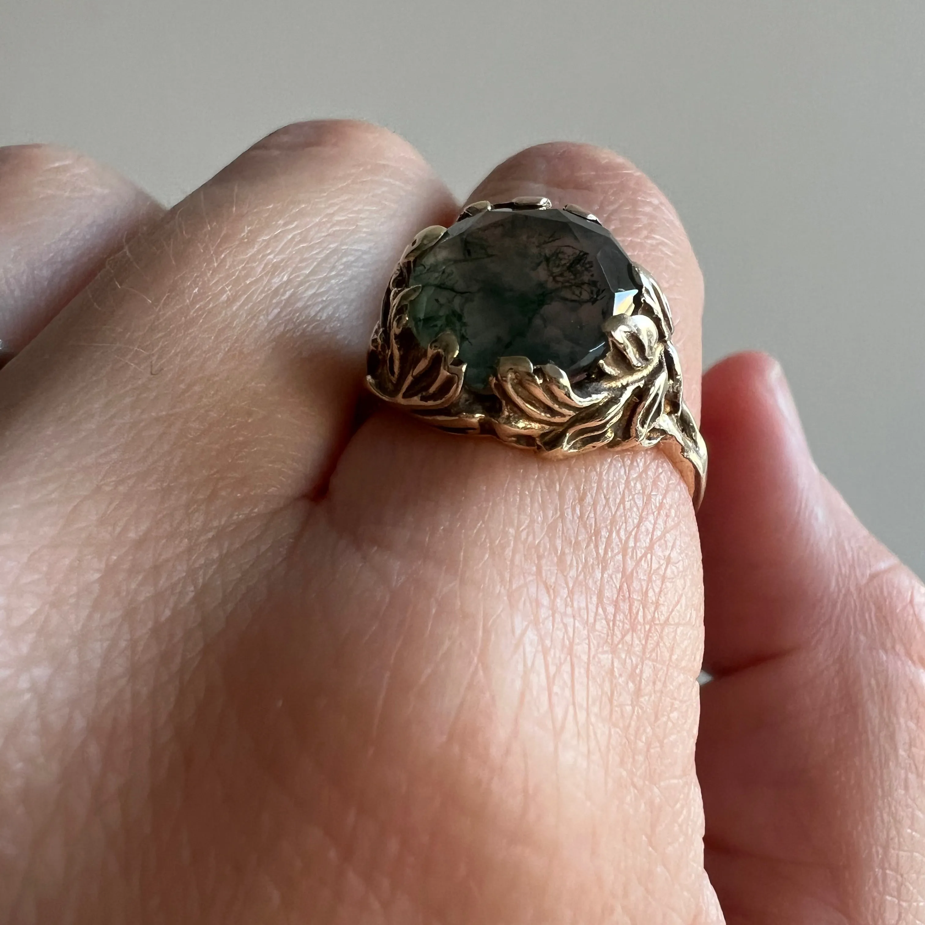 reimagined V I N T A G E // the moss and the fairy / 10k yellow gold and moss agate solitaire ring / size 8-8.25