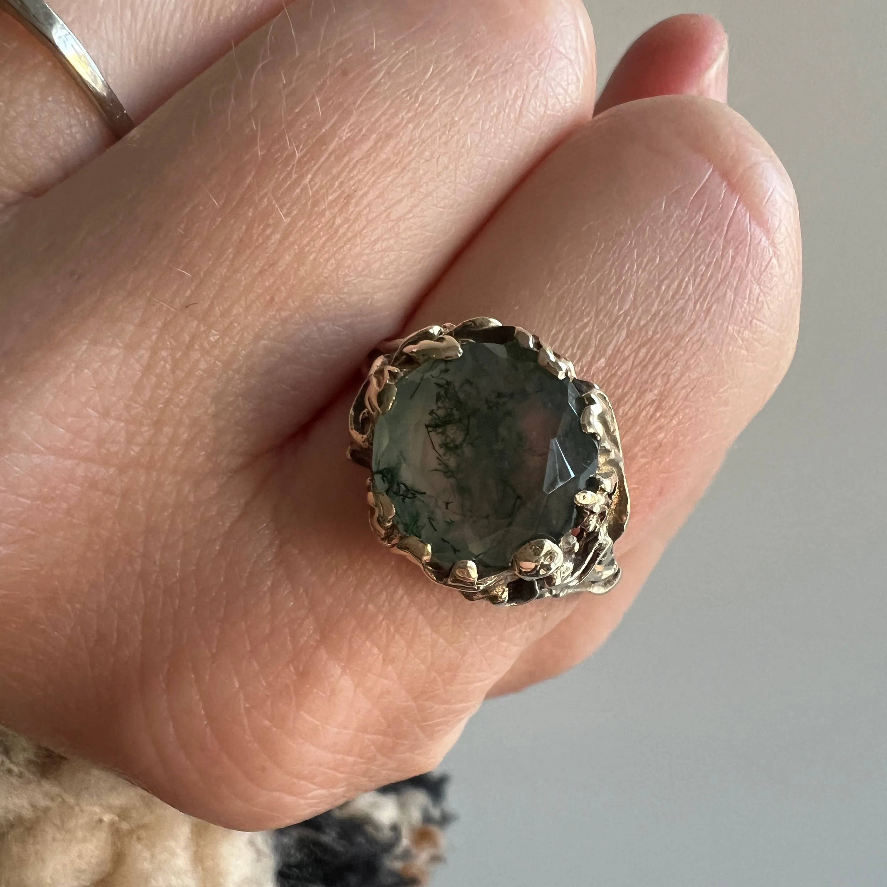 reimagined V I N T A G E // the moss and the fairy / 10k yellow gold and moss agate solitaire ring / size 8-8.25