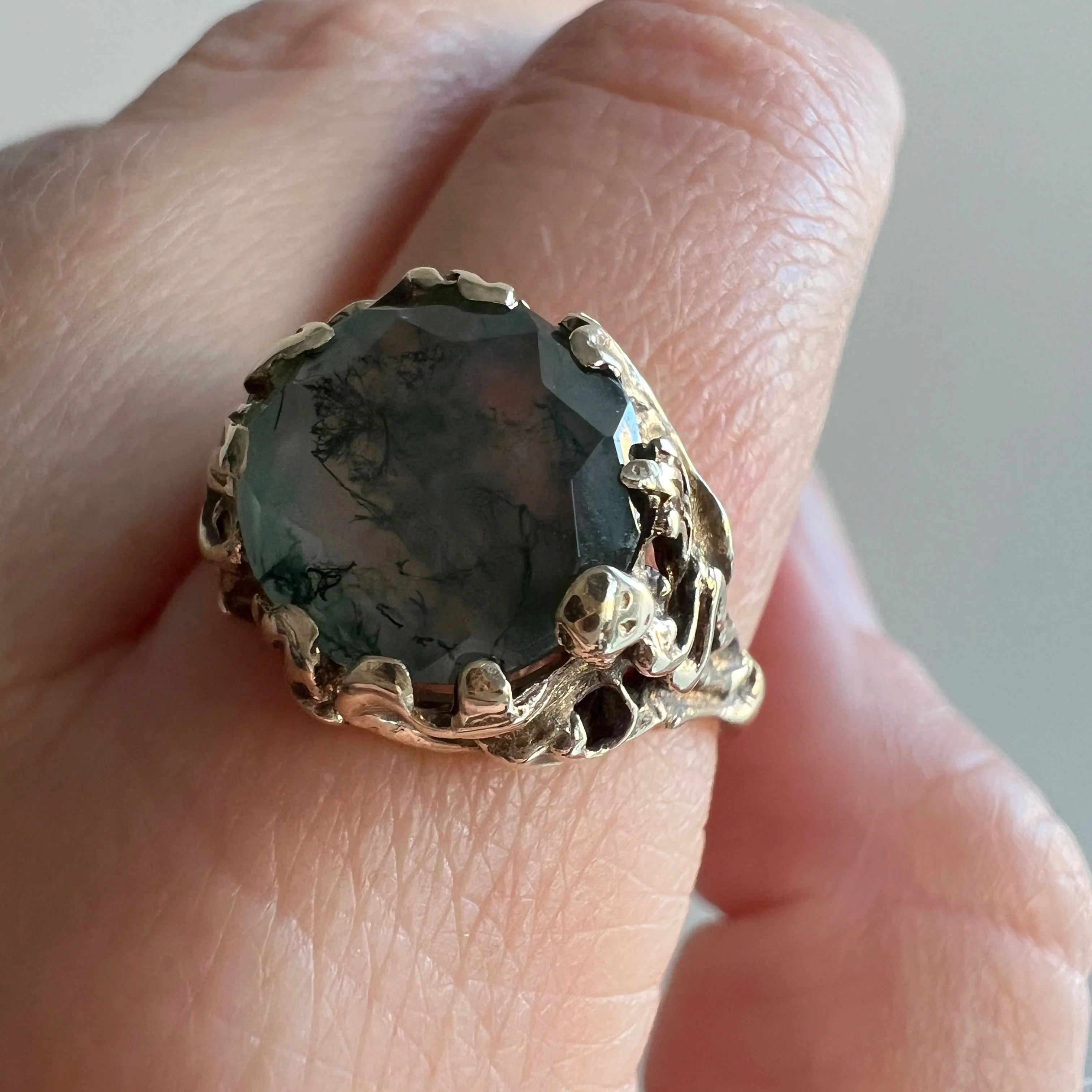 reimagined V I N T A G E // the moss and the fairy / 10k yellow gold and moss agate solitaire ring / size 8-8.25