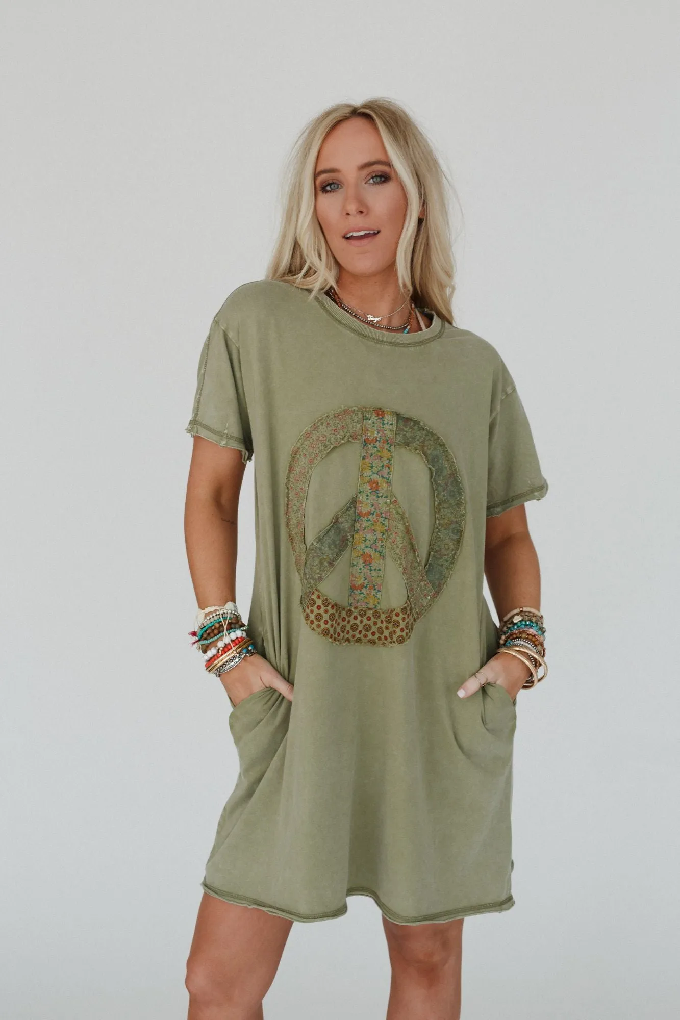 Retro Peace Tunic Top - Olive