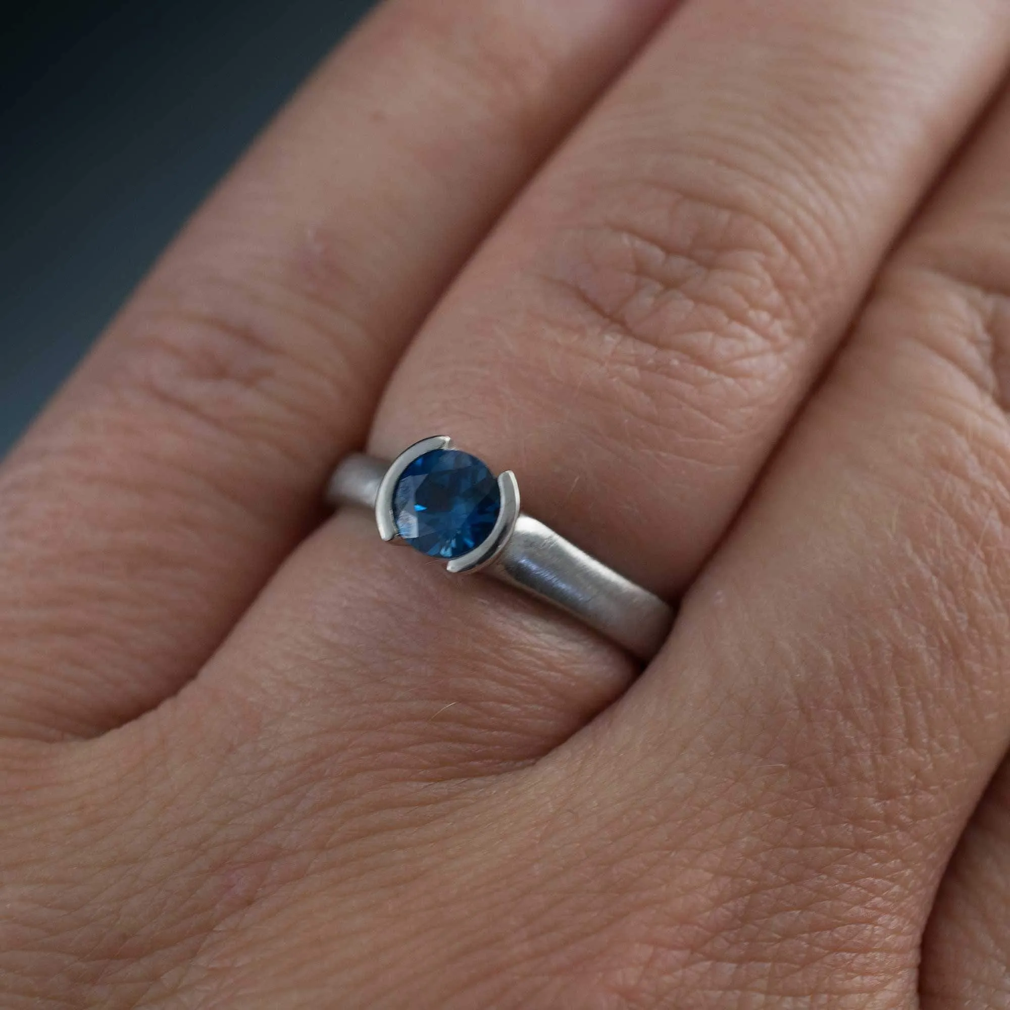 Round Fair Trade Blue/Teal Blue Malawi Sapphire Half Bezel Solitaire Engagement Ring