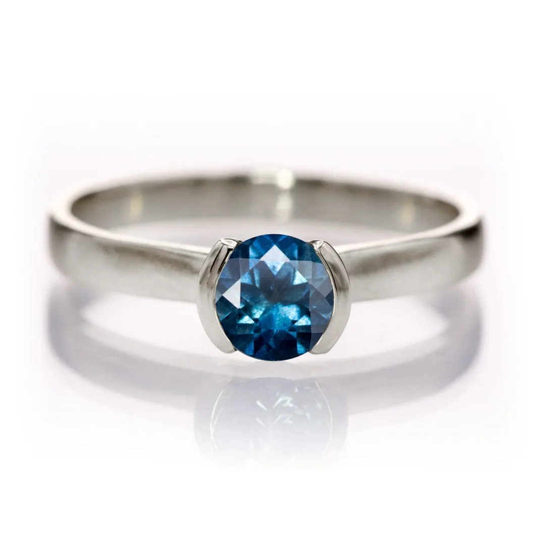 Round Fair Trade Blue/Teal Blue Malawi Sapphire Half Bezel Solitaire Engagement Ring