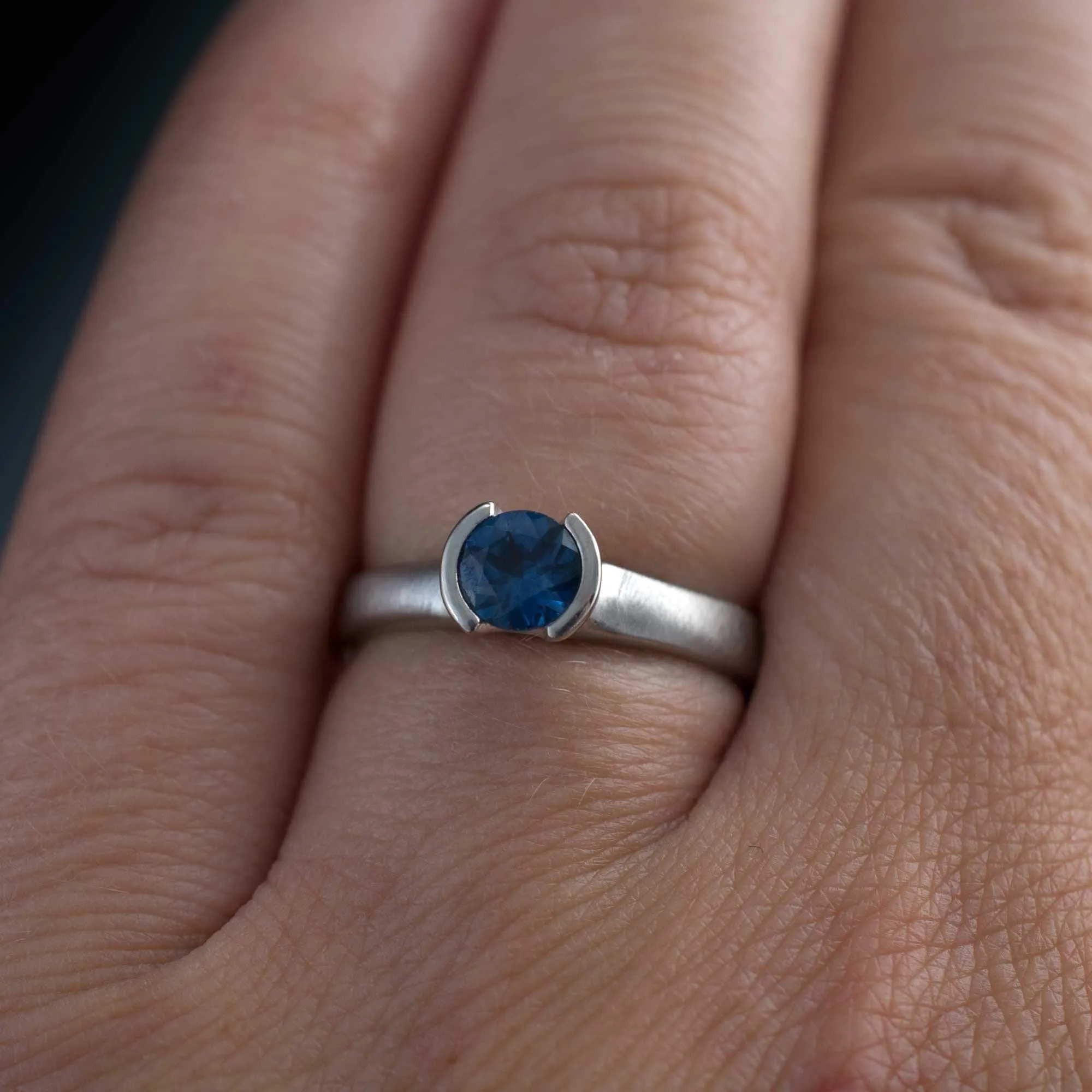 Round Fair Trade Blue/Teal Blue Malawi Sapphire Half Bezel Solitaire Engagement Ring