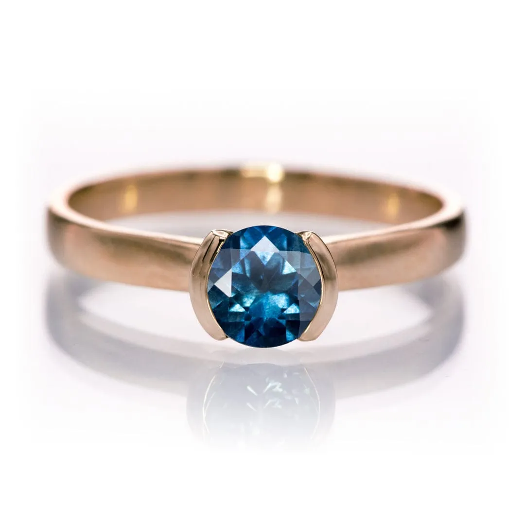 Round Fair Trade Blue/Teal Blue Malawi Sapphire Half Bezel Solitaire Engagement Ring