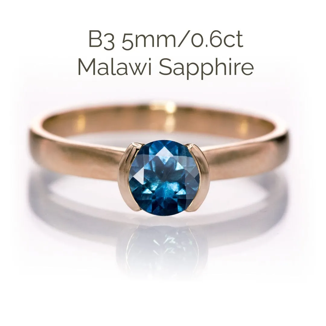 Round Fair Trade Blue/Teal Blue Malawi Sapphire Half Bezel Solitaire Engagement Ring