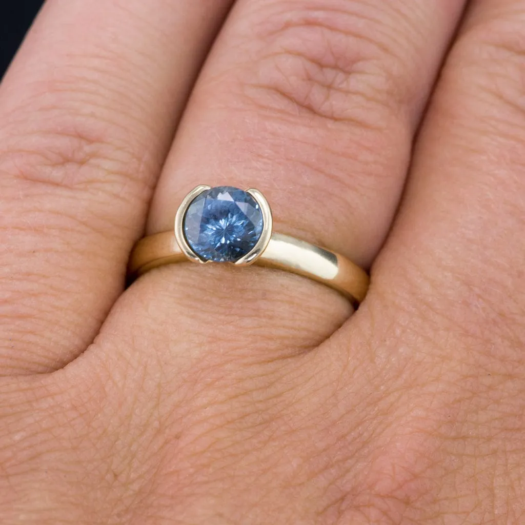 Round Fair Trade Blue/Teal Blue Malawi Sapphire Half Bezel Solitaire Engagement Ring