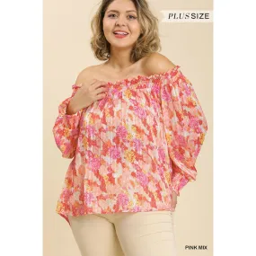 Sheer Floral Print Metallic Threading Long Sleeve Off Shoulder Top With High Low Hem