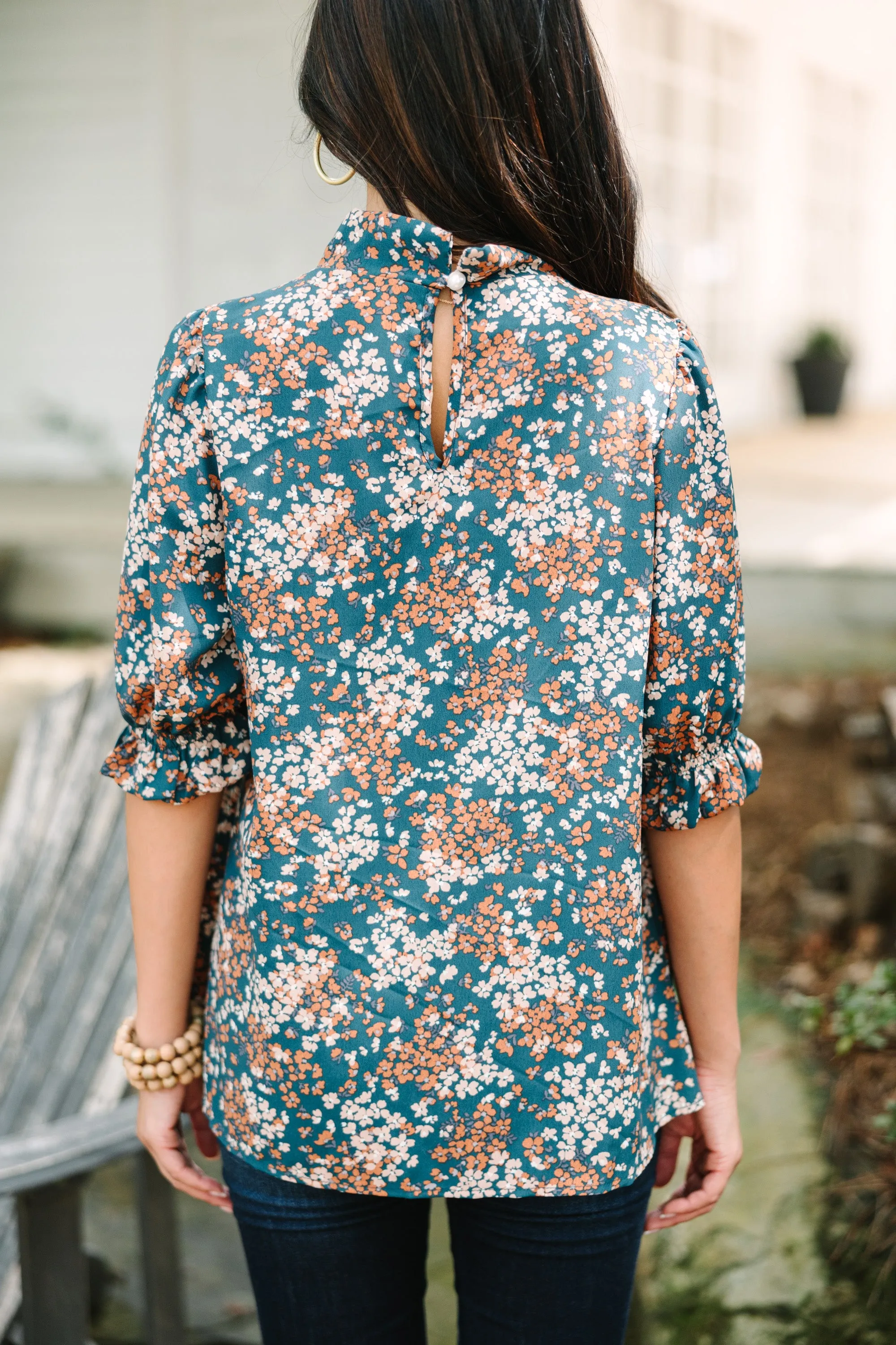 This Is The Time Teal Blue Ditsy Floral Blouse